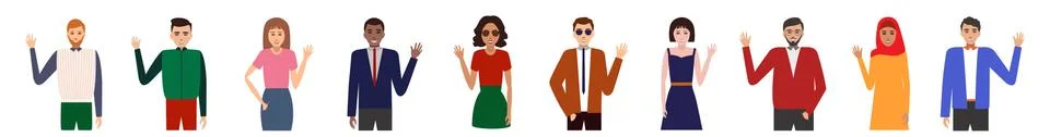 Vector of multicultural people greeting waving hi. Illustrazione stock