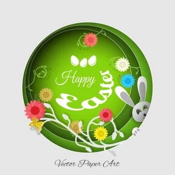 Vector multilayer paper art carve for Easter with peeping rabbit gray head,.. Stock Illustration