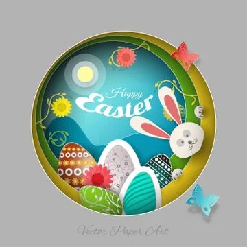 Vector multilayer paper art carve for Easter with peeping bunny, eggs, flow.. Stock Illustration