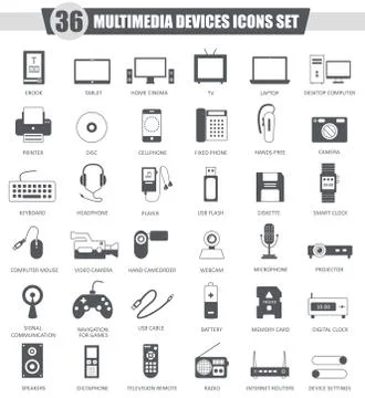 Vector Multimedia devices black icon set. Dark grey classic  design for web. Stock Illustration