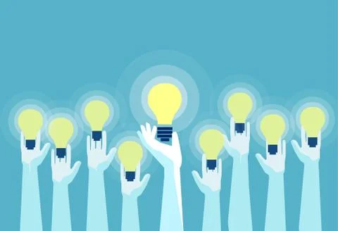 Vector of multiple hands holding bright lightbulbs. Stock Illustration