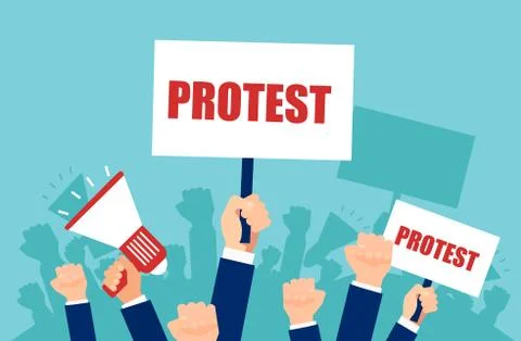 Vector of multiple hands holding protest signs and megaphone, crowd of people Stock Illustration