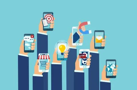 Vector of multiple hands holding smartphones with mobile applications. Stock Illustration