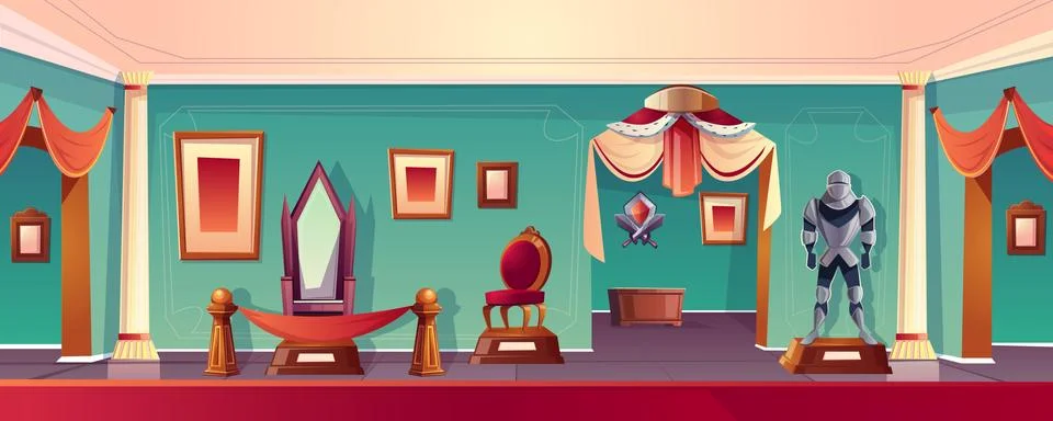 Vector museum background with throne, medieval knight Stock Illustration