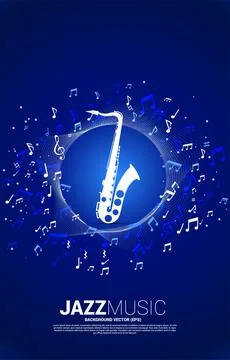 Vector music melody note flow with saxophone. Concept background for jazz son Stock Illustration
