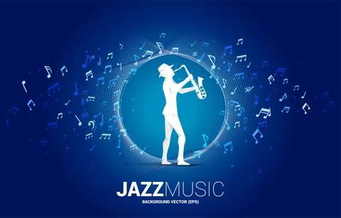 Vector music melody note flow with man and saxophone. Concept background for  Stock Illustration