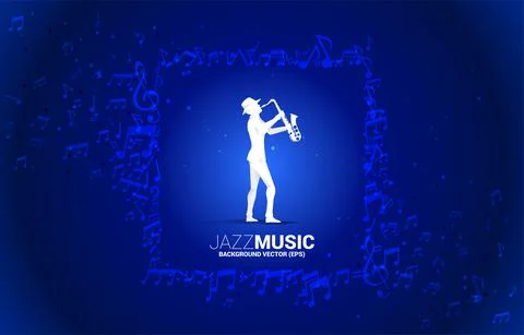 Vector music melody note flow with man and saxophone. Concept background for  Stock Illustration