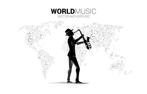 Vector music melody note flow with man and saxophone with world map from musi Stockillustratie