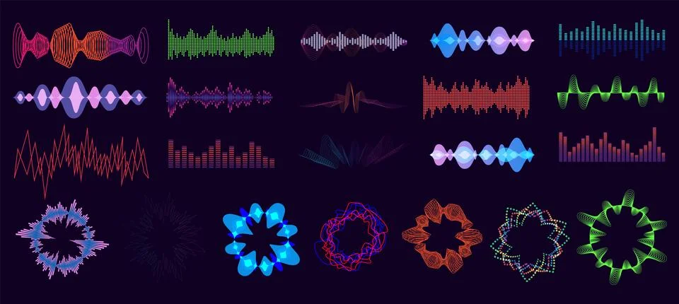 Vector music sound waves set. Audio digital equalizer technology, console panel Stock Illustration