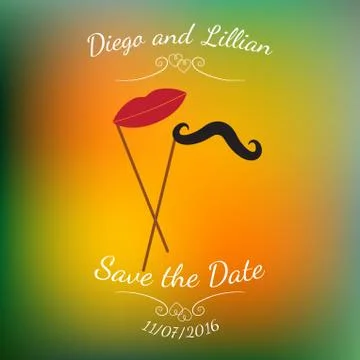 Vector mustache and lips on stick over colorful blurred background. Stock Illustration