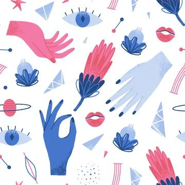 Vector mysterious seamless pattern with hands, flowers, eye, lips, planet. Wi Stock Illustration