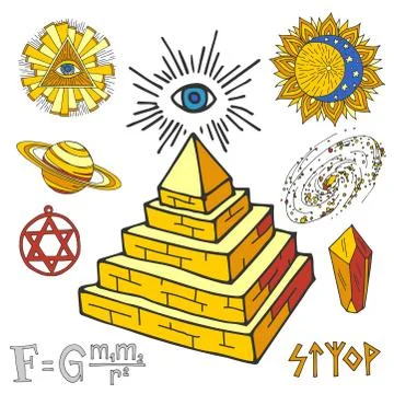 Vector mystic magic esoteric symbols piramide hand drawn religion philosophy Stock Illustration