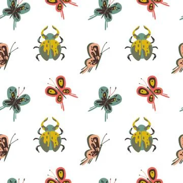 Vector naive pattern with insects. Butterfly, bug. Stock Illustration