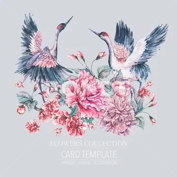 Vector nature card with crane, pink flowers peonies Stock Illustration