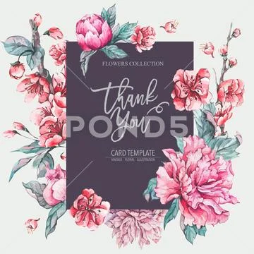 Vector nature card pink flowers, blooming peonies Stock Illustration