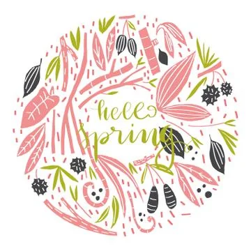 Vector nature composition and lettering style phrase: hello spring Stock Illustration