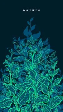 Vector nature neon background. Art line green plant, organic flora. hand draw Stock Illustration