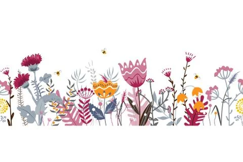 Vector nature seamless background with hand drawn wild herbs, flowers and leaves Stock Illustration