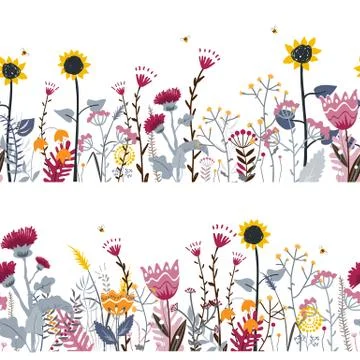 Vector nature seamless background with hand drawn wild herbs, flowers and leaves Stock Illustration