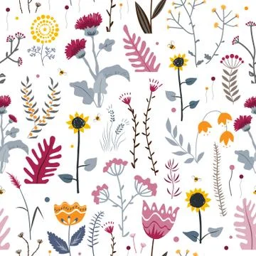 Vector nature seamless background with hand drawn wild herbs, flowers and leaves Stock Illustration