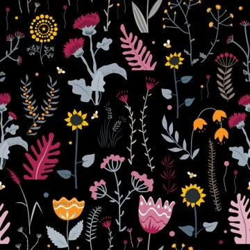 Vector nature seamless background with hand drawn wild herbs, flowers and leaves Stock Illustration