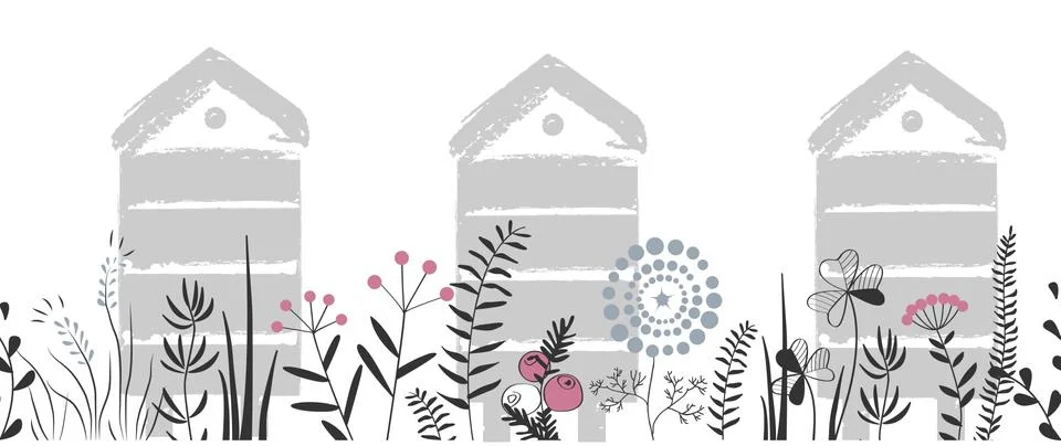 Vector nature seamless background with hand drawn wild herbs, flowers and leaves Stock Illustration