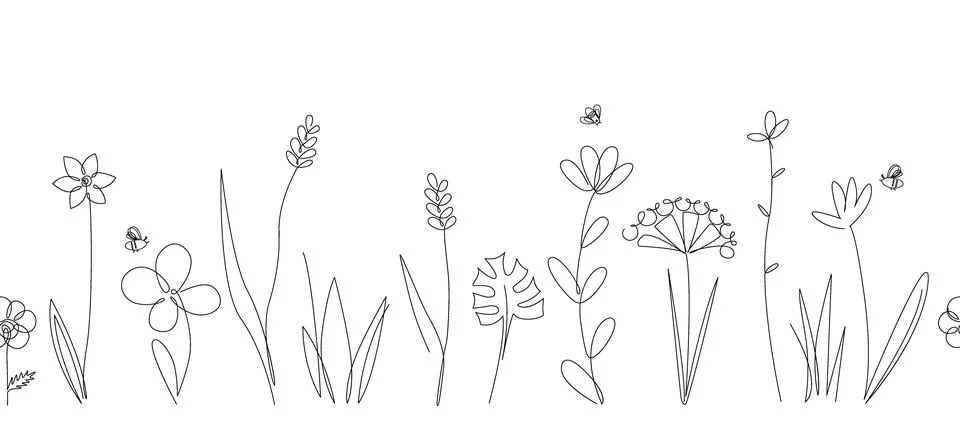 Vector nature seamless border with wild herbs and flowers on white. Continuous Stock Illustration