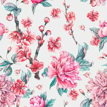 Vector nature seamless pattern, pink flowers blooming peonies Stock Illustration