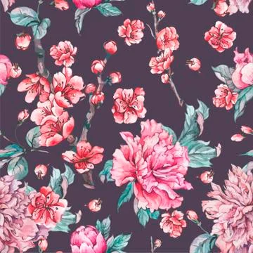 Vector nature seamless pattern, pink flowers blooming peonies Stock Illustration