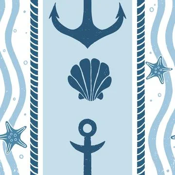 Vector Nautical Anchor, Seashell, Starfish Wavy Blue Ocean Marine Seamless Stock Illustration