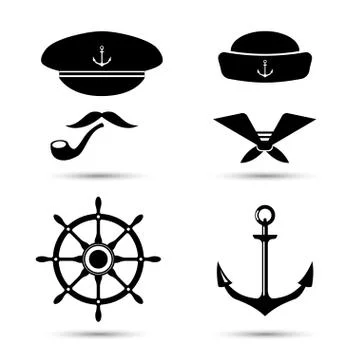 Vector nautical icons, captain and sailor, sea set Stock Illustration