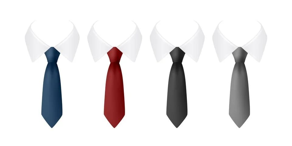 Vector Necktie Set with White Collar Shirts, Isolated. Blue, Red Black, Gray Illustrazione stock
