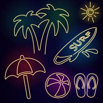 Vector Neon Beach Icons Stock Illustration