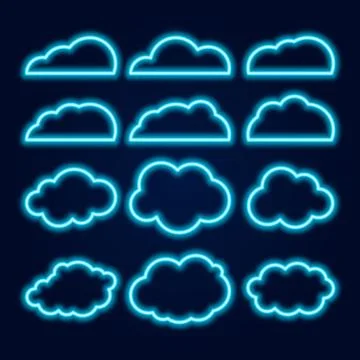 Vector Neon Cloud Icons Set, Glowing Bright Blue Lines on Dark Background Stock Illustration