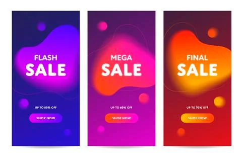 Vector neon color liquid vertical sale banner template set. Stock Illustration