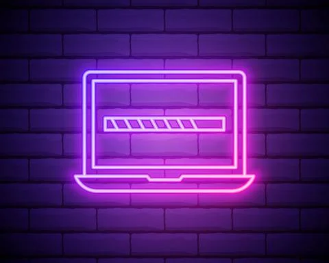 Vector Neon Laptop with Loading Icon on Screen, Something Loading, Technology Stock Illustration
