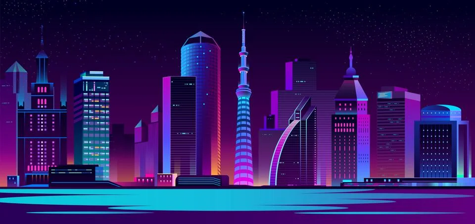 Vector neon megapolis background with buildings, skyscrapers Stock Illustration