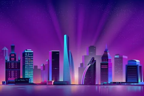 Vector neon megapolis background with shining sun Stock Illustration