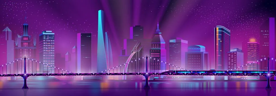 Vector neon megapolis background with speed train Stock Illustration