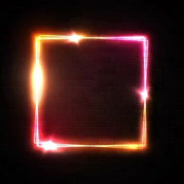 Vector neon square frame on black brick background Stock Illustration