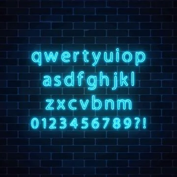 Vector neon style font. Glowing neon alphabet with lowercase letters on dark  Stock Illustration