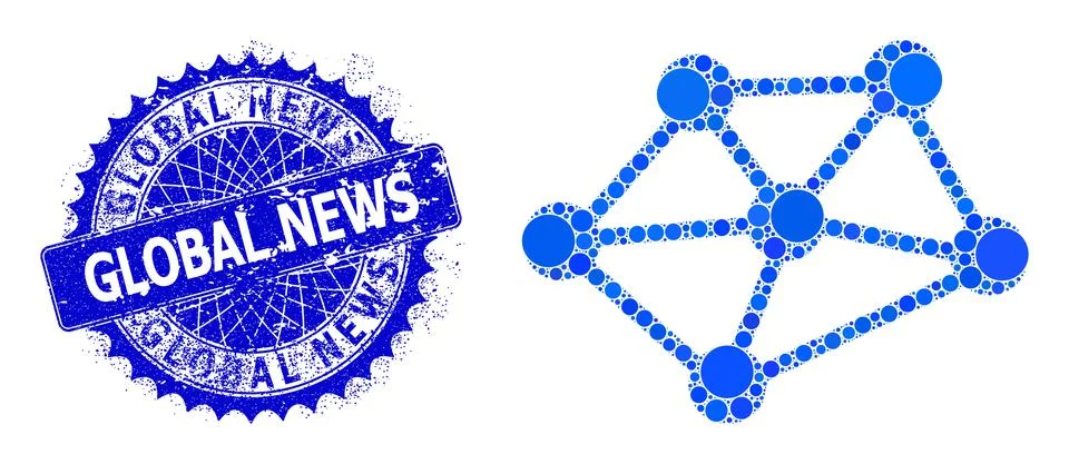 Vector Net Links Mosaic of Small Circles and Textured Global News Badge Stock Illustration