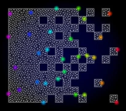 Vector Network Mesh Dissolving Pixels with Rainbow Colored Light Spots Stock Illustration