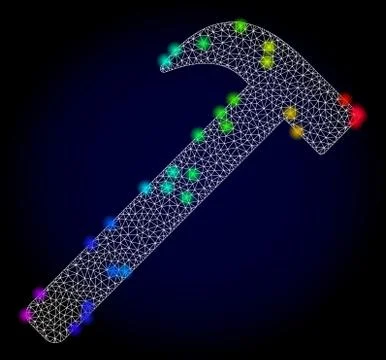 Vector Network Mesh Hammer Tool with Rainbow Colored Glowing Spots Stock Illustration