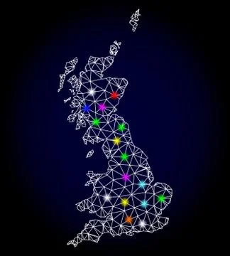 Vector Network Mesh Map of Great Britain with Light Spots for Christmas イラスト素材