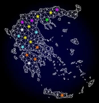 Vector Network Mesh Map of Greece with Light Spots for Christmas Stock Illustration