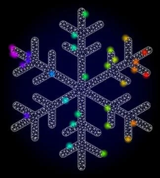 Vector Network Mesh Snowflake with Rainbow Colored Glare Spots Stockillustratie