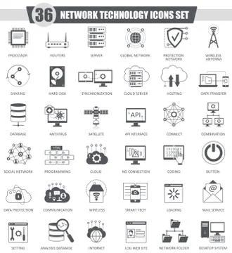 Vector Network technology black icons set. Dark grey classic icon design for web Stock Illustration