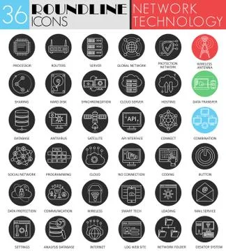 Vector network technology circle white black icon set. Modern line black icon Stock Illustration