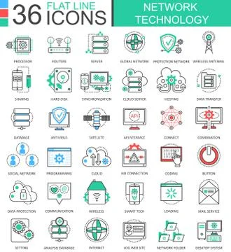 Vector Network technology modern color flat line outline icons for apps and web Stock Illustration